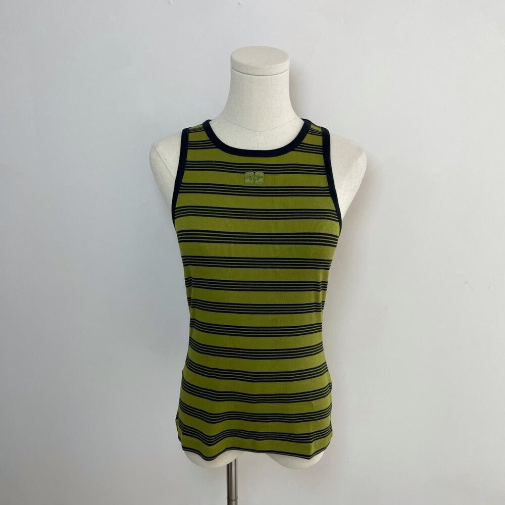 Ganni Striped Soft Cotton Rib Tank Top in Golden Cypress | Women’s Size Medium
